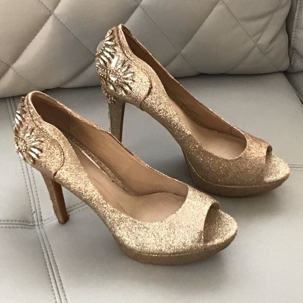 Gianni Bini Women’s Gold Embellished Open Toe Heels Shoes Platform Front Sz 10